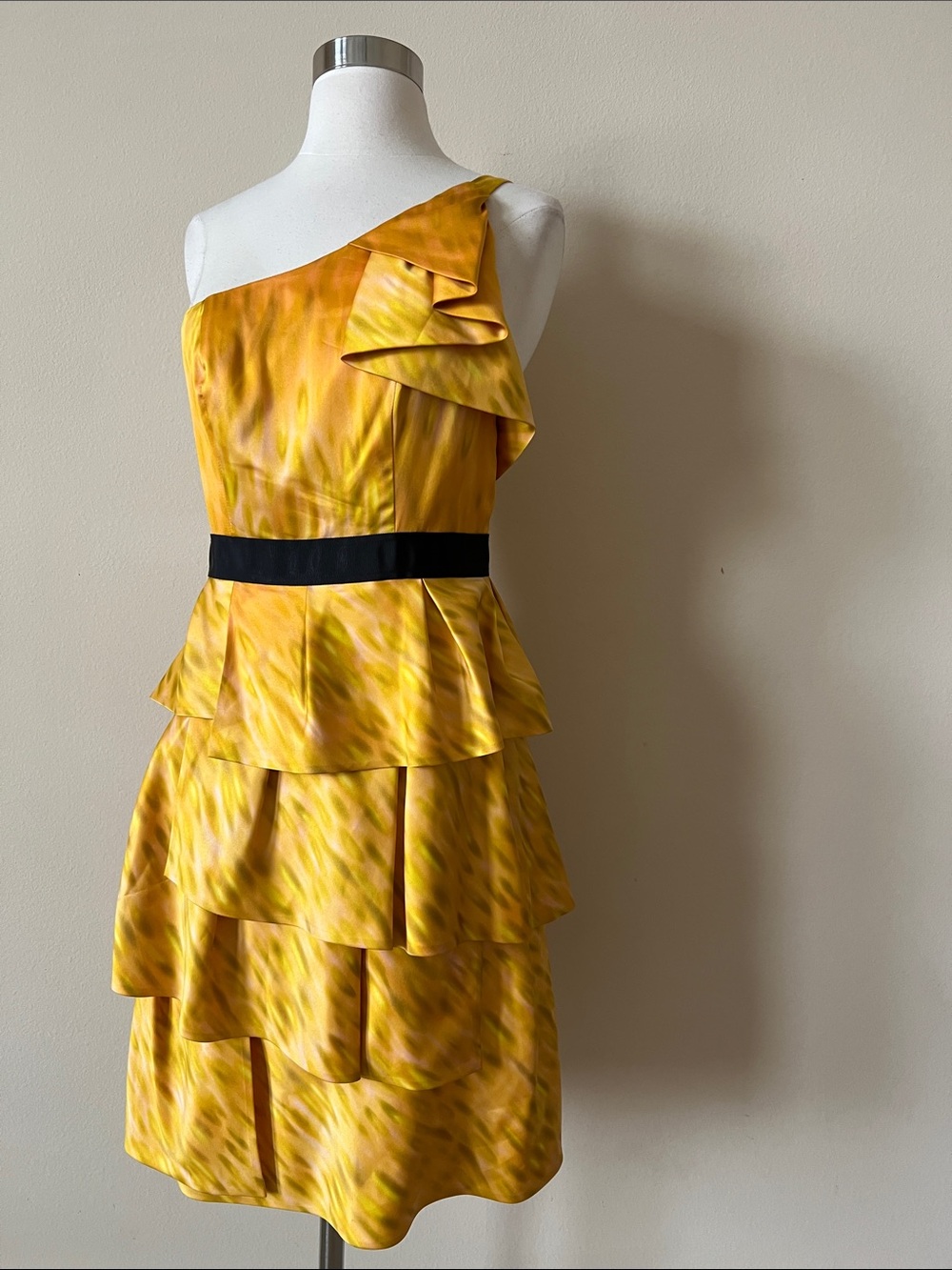 The Limited One-Shoulder Yellow Tiered Ruffle Dress with Black Waist